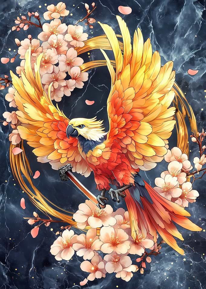 Golden Phoenix with Cherry Blossoms Parrot
