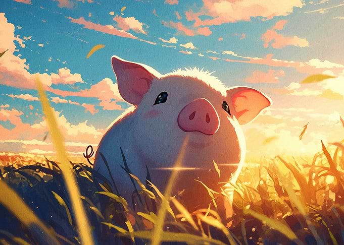 Cute Pig in Sunset Field