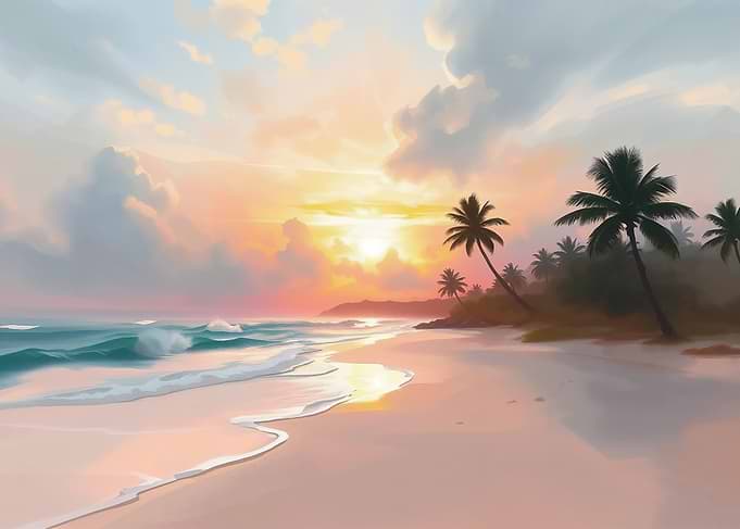 Tropical Sunset Beach Watercolor Painting