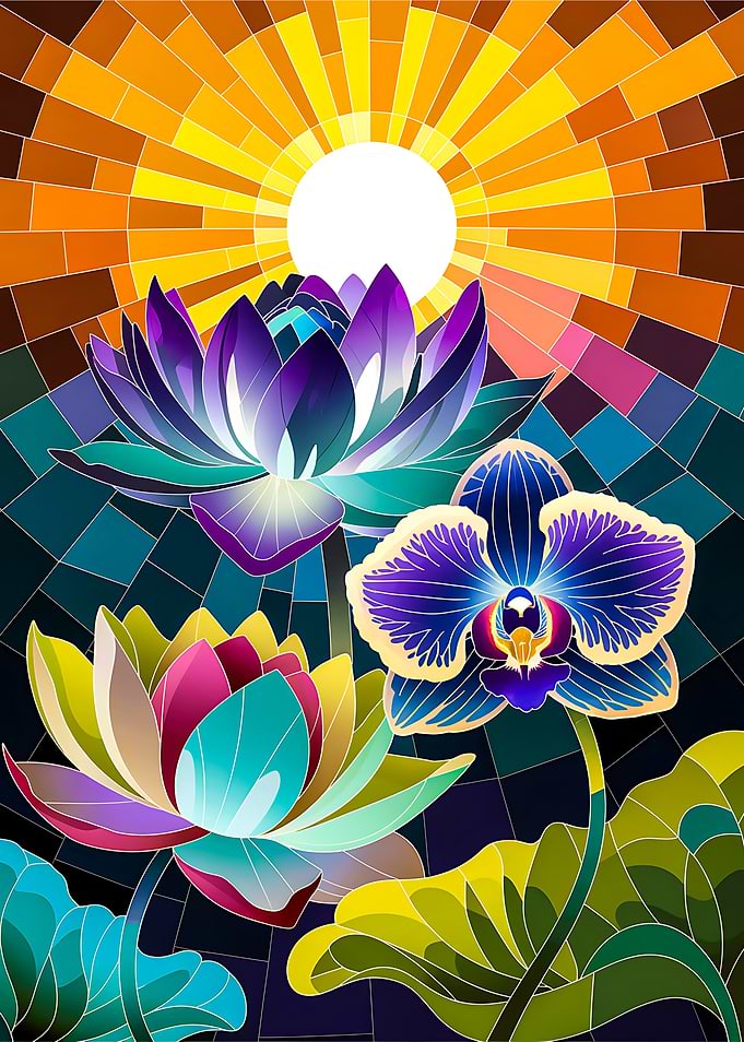 Luminous Sun with Stained Glass Lotus and Orchid