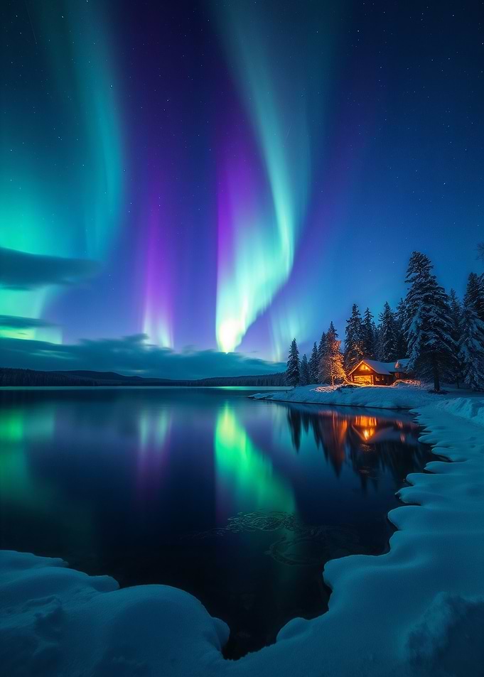 Aurora Borealis Over a Lake Cabin