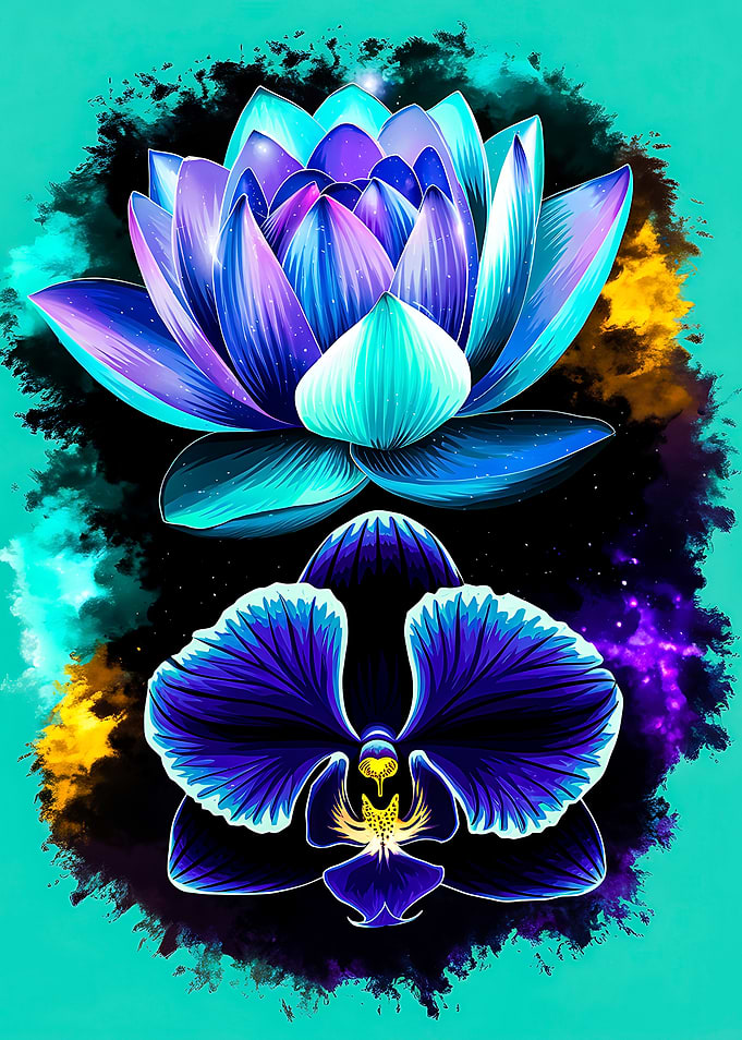Cosmic Flowers Stained Glass Lotus & Orchid