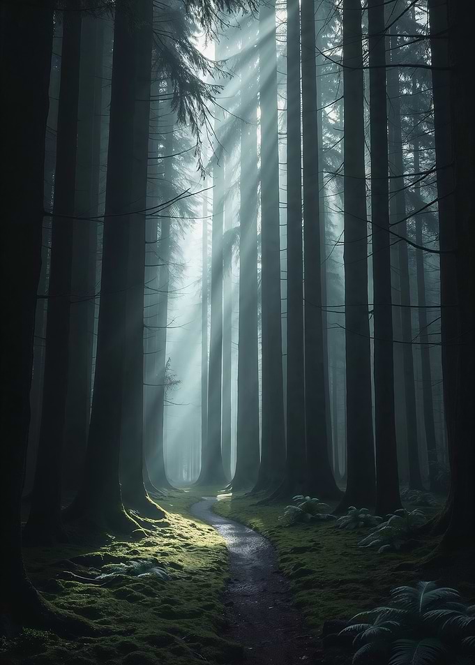 Sunbeams in a Misty Forest