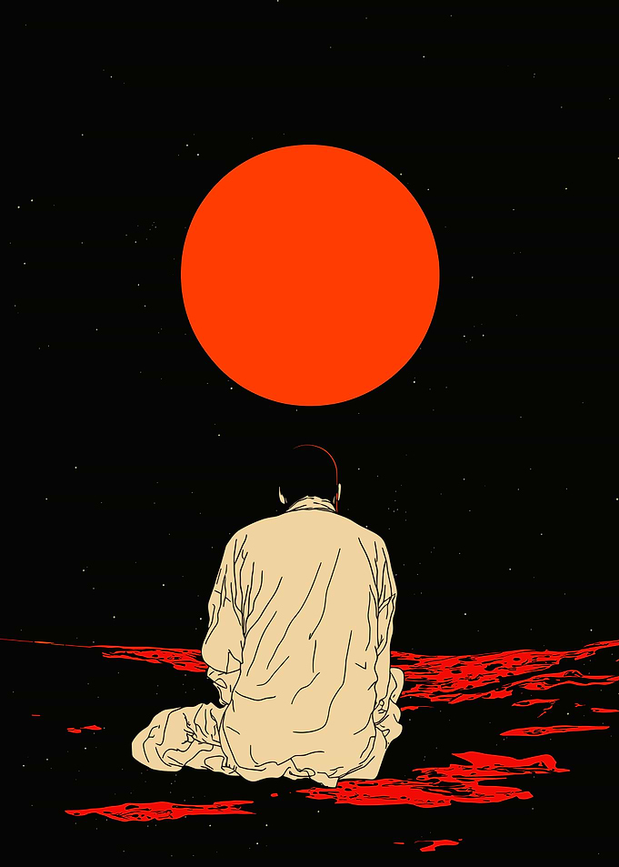 Silhouette Under Red Moon