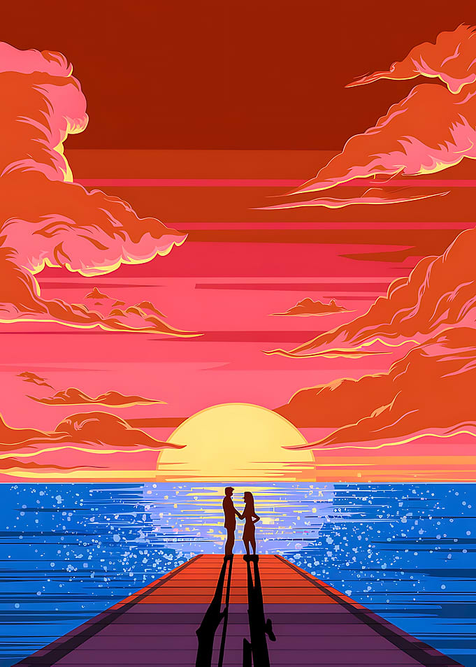 Evening Tranquility Couple Sunset by the Shore
