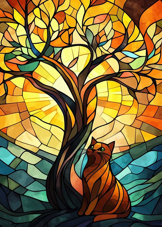 Cat and Tree Stained Glass