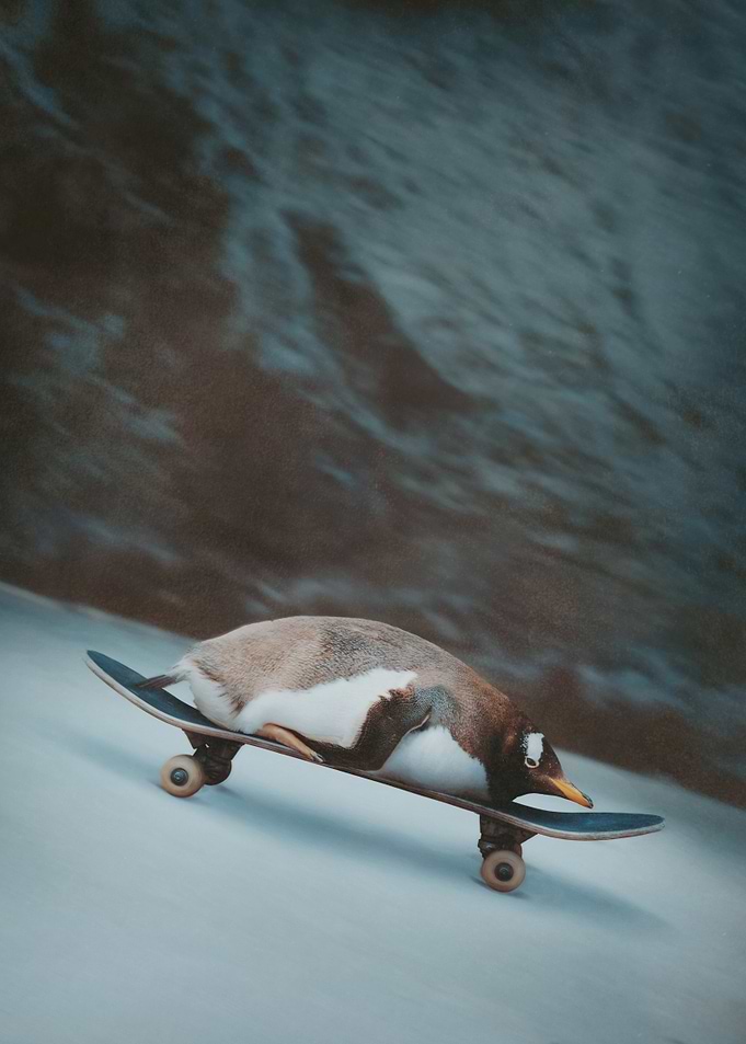 'Penguin Downhill' - Skateboarding Penguin on the Ice