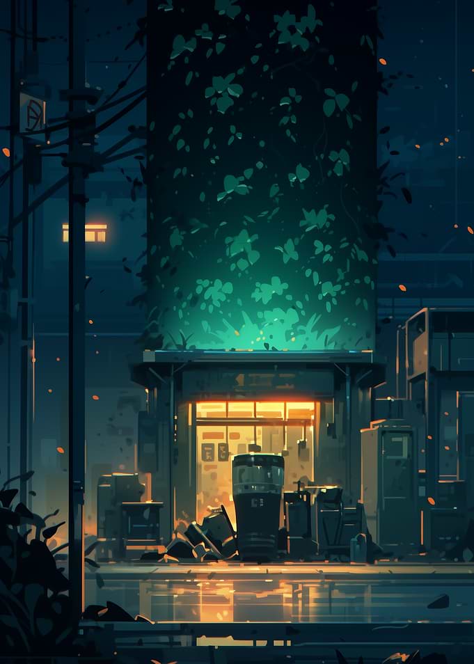 Nighttime Store with Vines