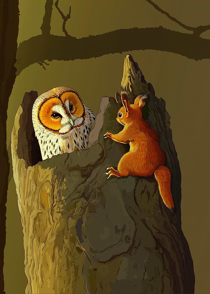 Owl and Squirrel in Tree
