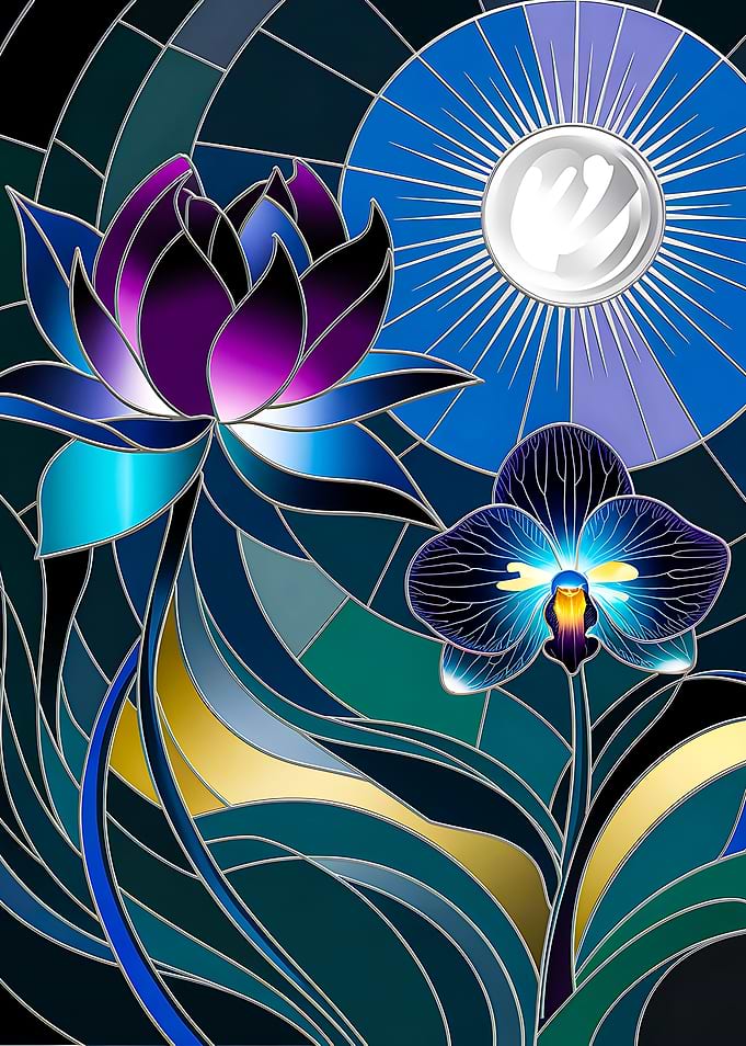 Stained Glass Lotus and Orchid in Moonlight