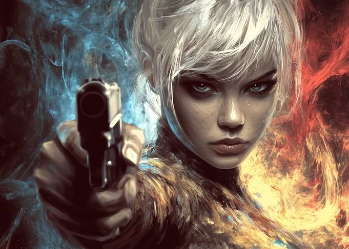Frostfire Fury - Fierce Woman with Gun
