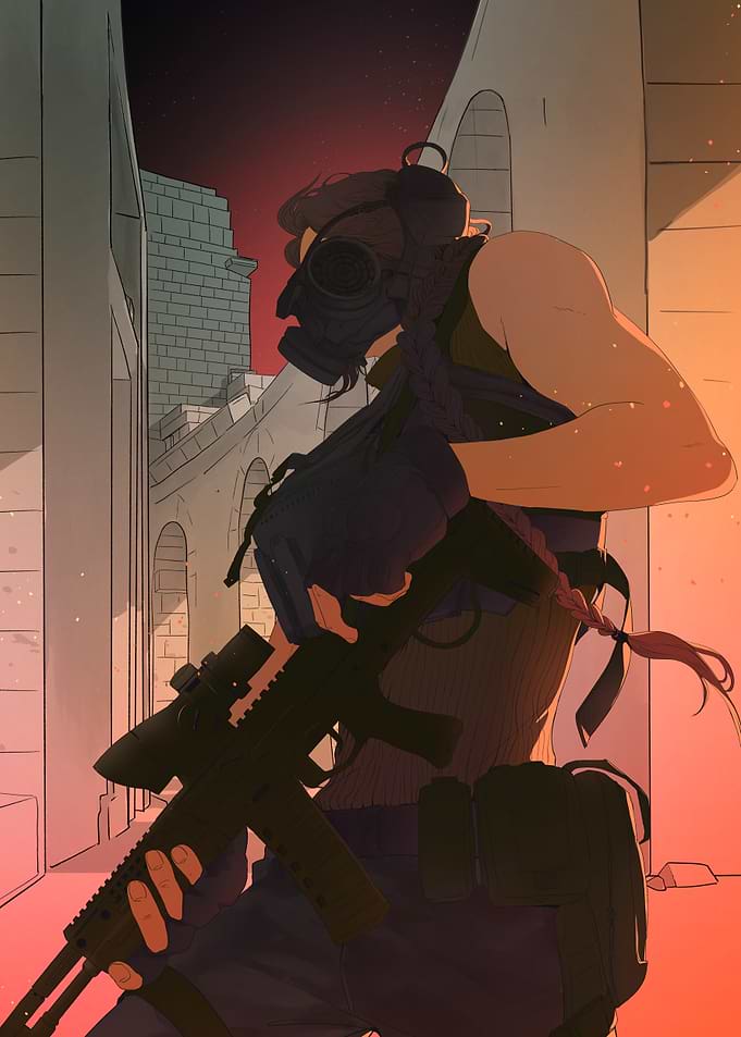 Female Soldier in Gas Mask