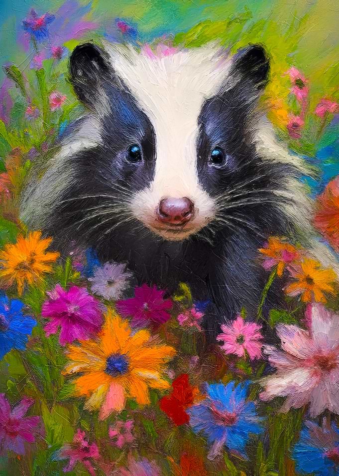 Skunk in Flowers Painting