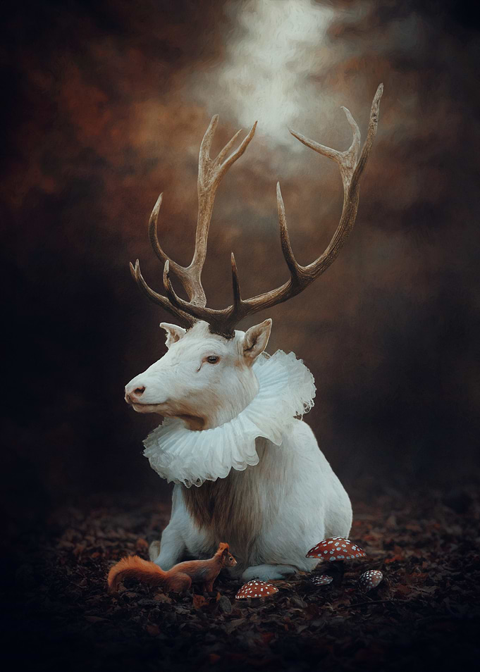 'Autumn Prince' White Stag with Red Squirrel and Mushrooms