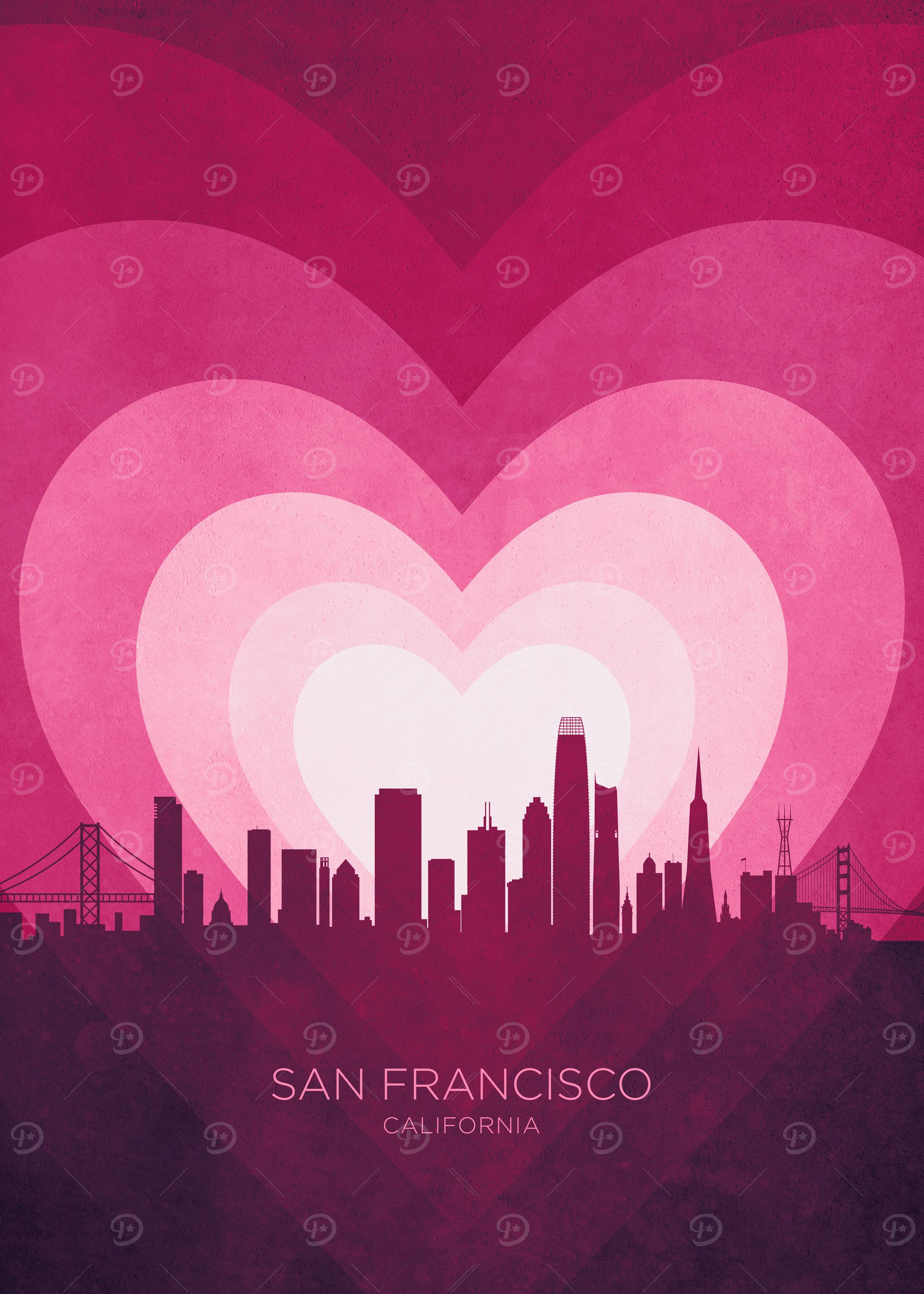 San Francisco California Skyline Hearts Pink