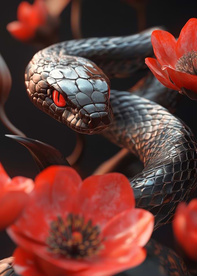 Black Snake with Red Flowers