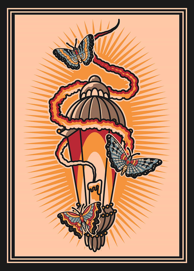 Vintage Lantern & Butterflies Art