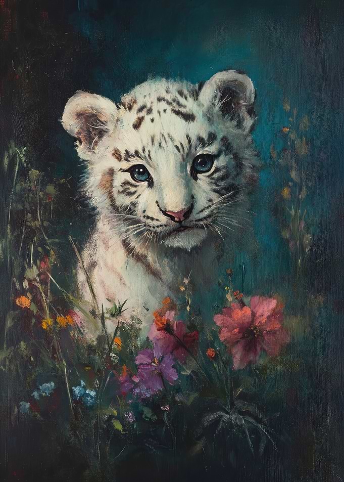 White Tiger Cub in Flowers