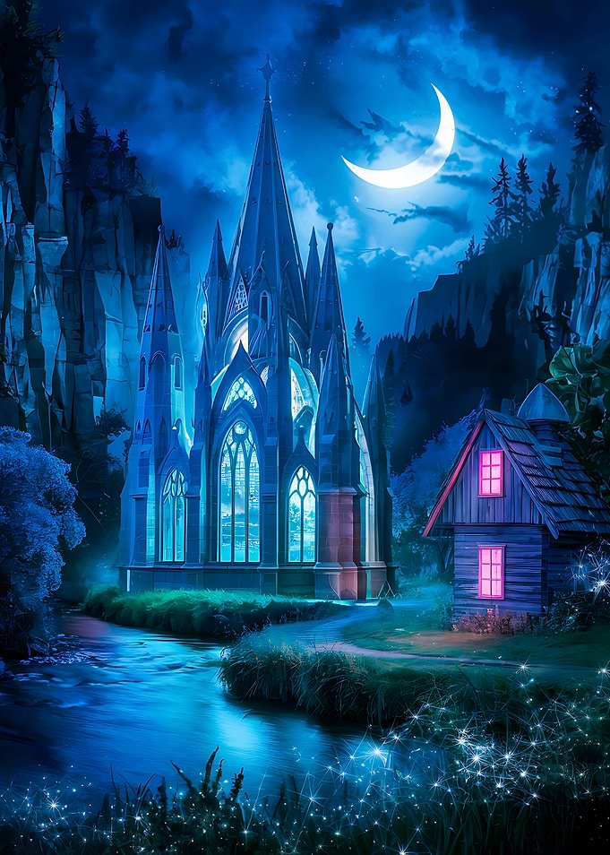 Serene Castle Under the Crescent Moon