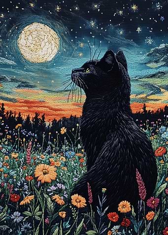 Black Cat Under Starry Night