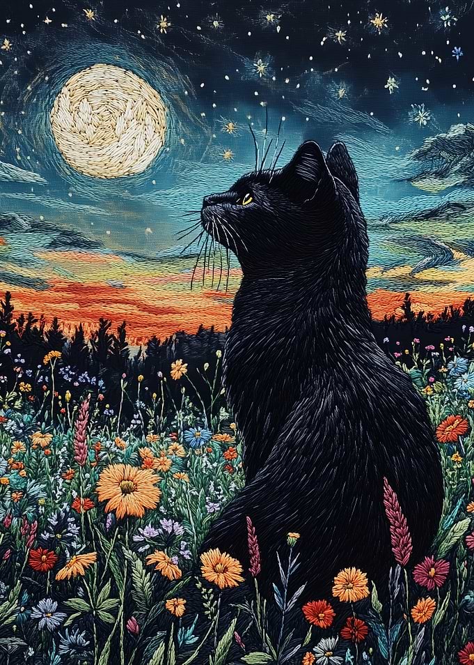 Black Cat Under Starry Night