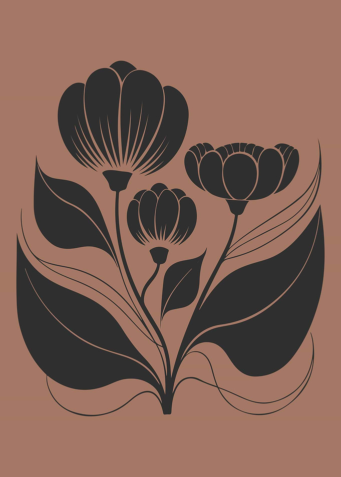 Elegant Black Floral Silhouette on Warm Mocha Brown