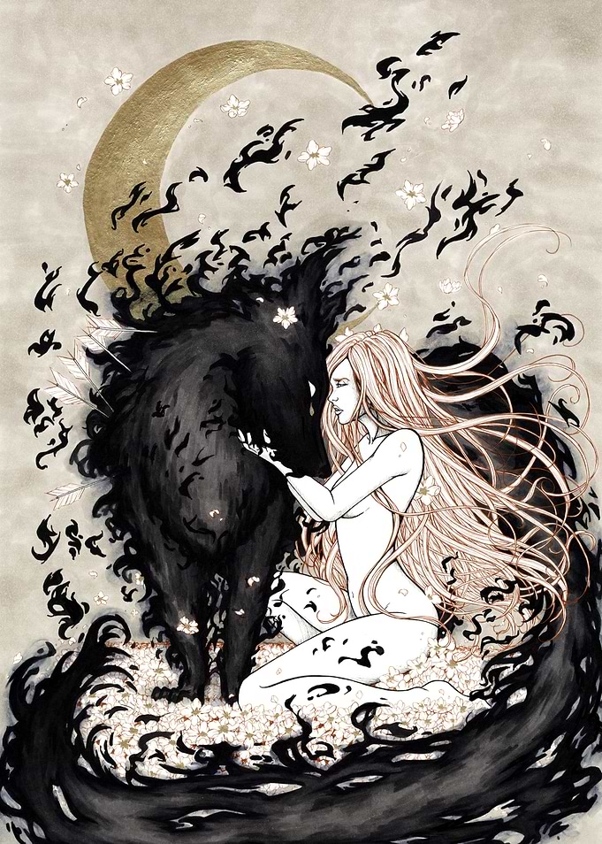 Woman and Wolf in Moonlight - Face your Shadows