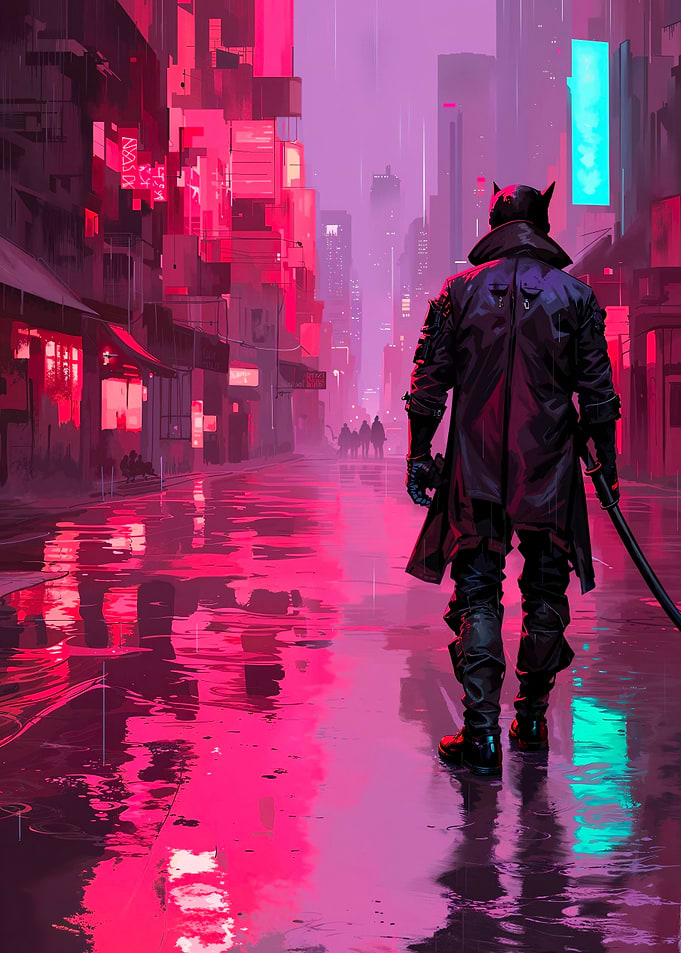 Cyberpunk Cityscape with Figure