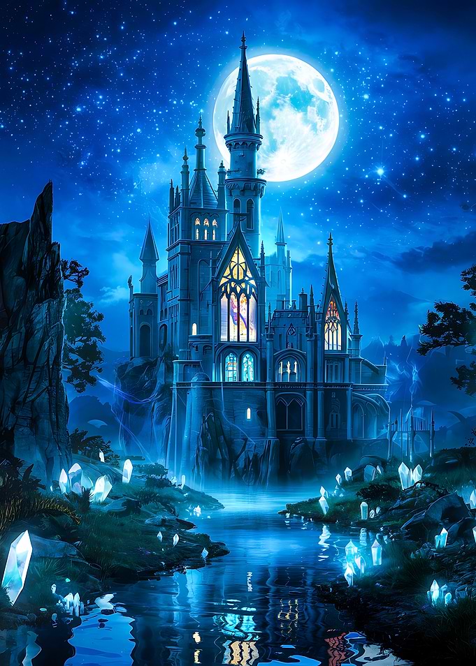 Ethereal Castle Silhouette Under Full Moon