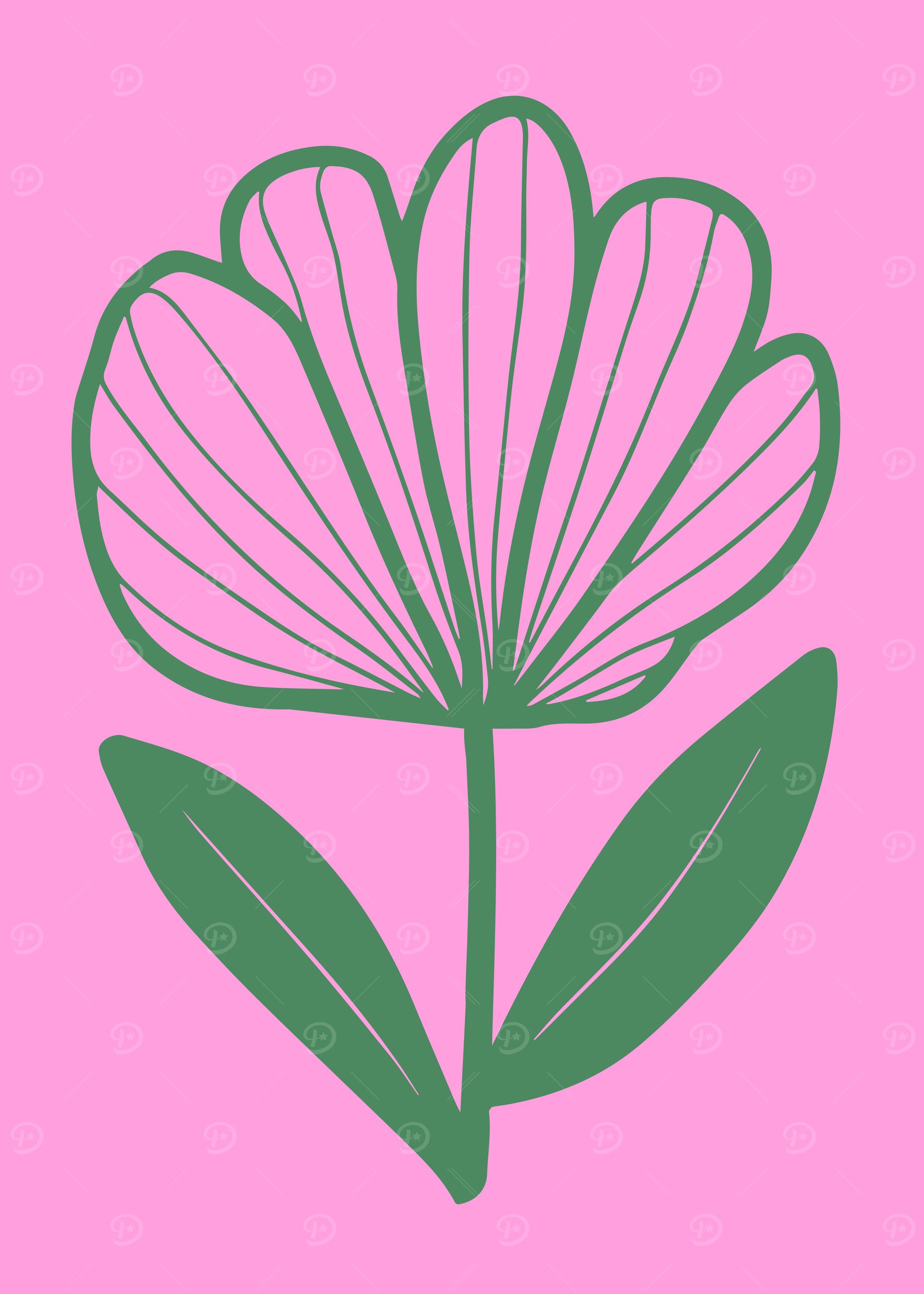 Quirky Pink and Green Flower Line Art Drawing
