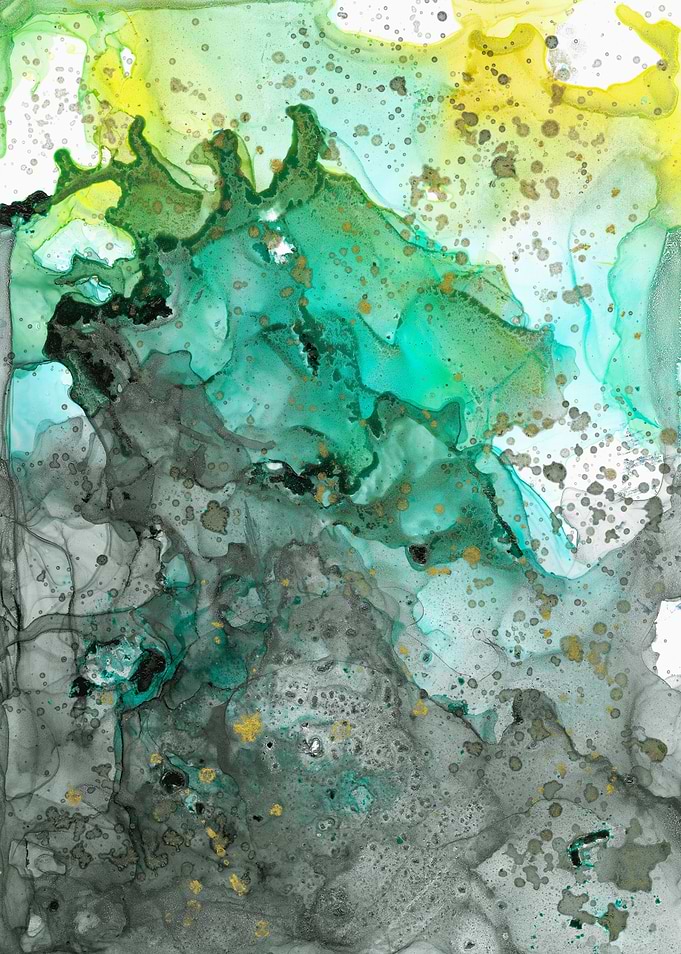 Abstract Green and Gold Ink Art