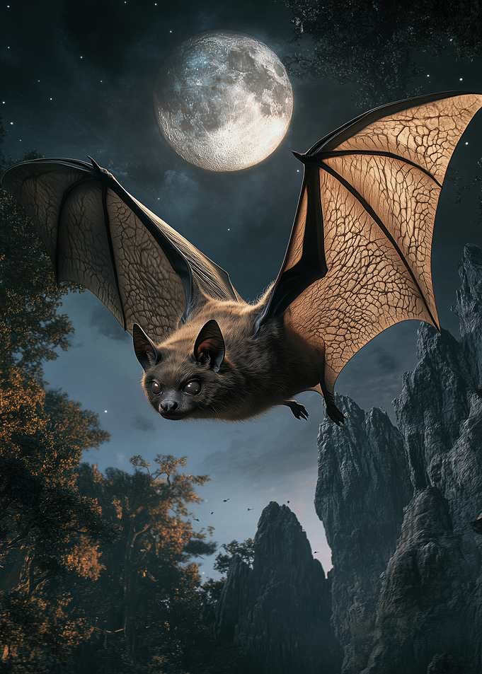 Bat Flying Under Moon