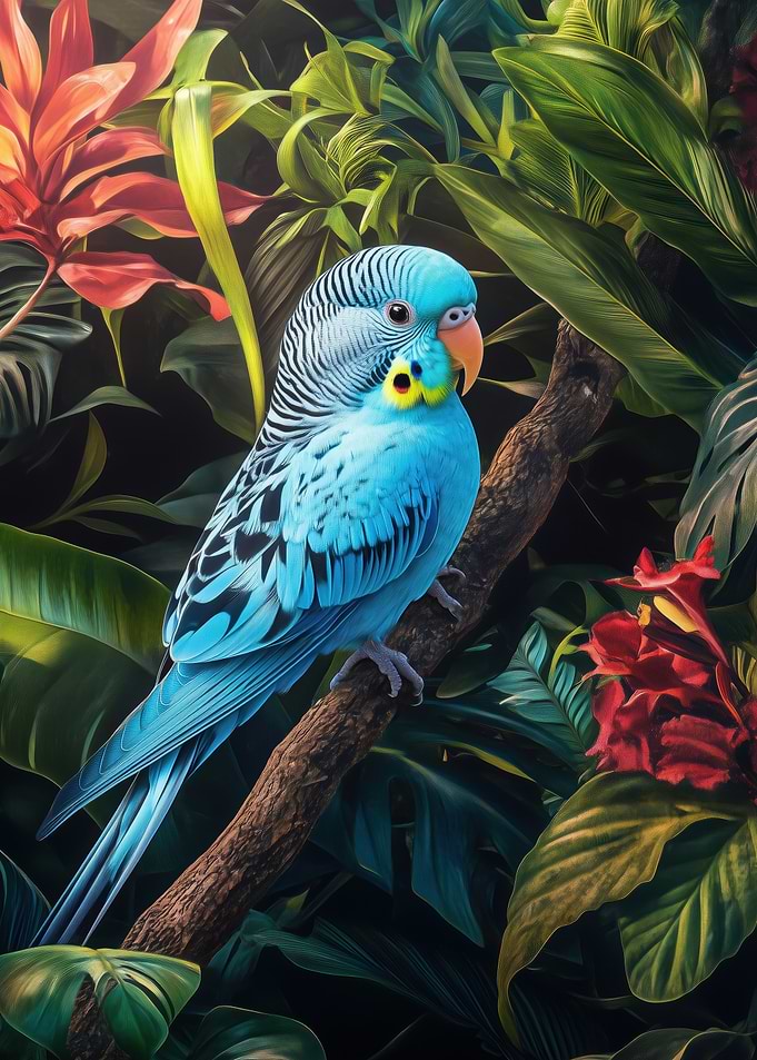 Blue Budgerigar in Tropical Foliage