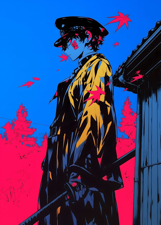 Anime Samurai in Blue and Pink