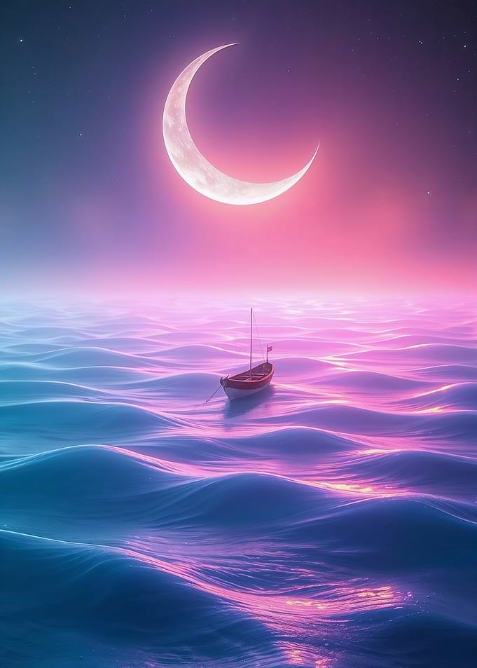 Boat Under Crescent Moon