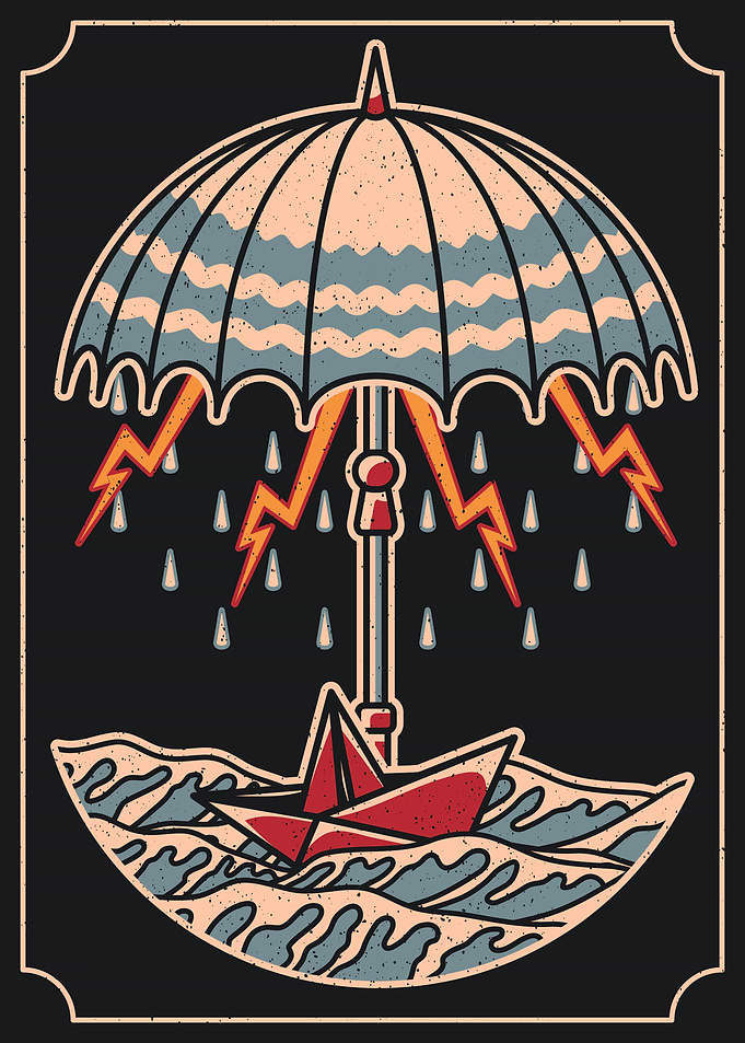 Umbrella & paper boat vintage art
