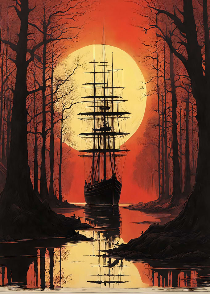 Silhouetted Ship at Sunset