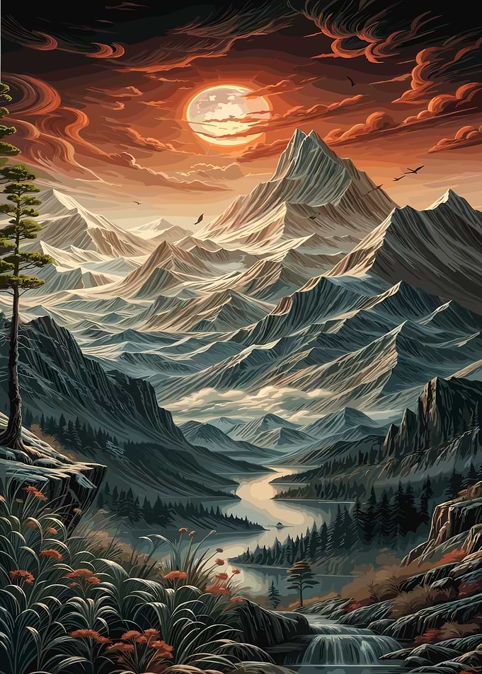 Mountain River Landscape with Sunset