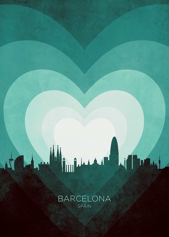 Barcelona Spain Skyline Hearts Teal