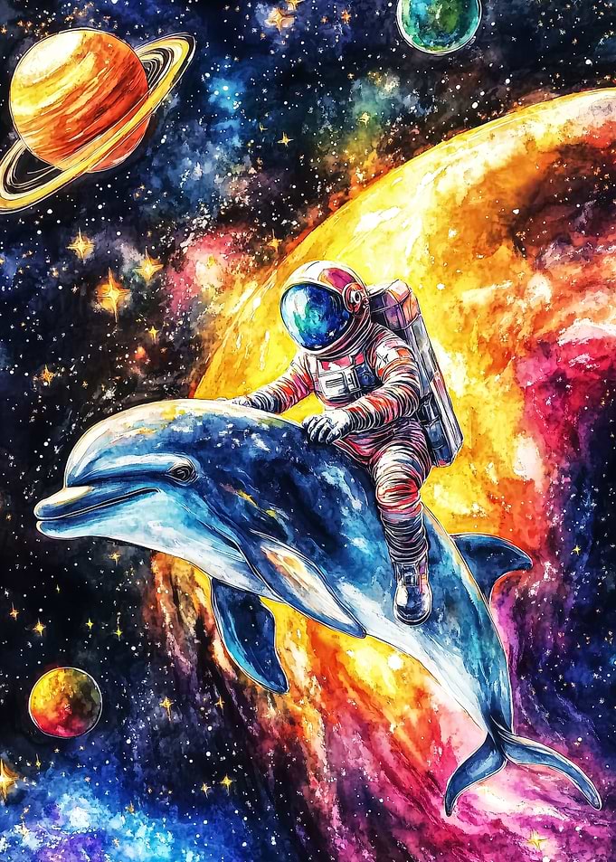 Astronaut and Dolphin Exploring Space