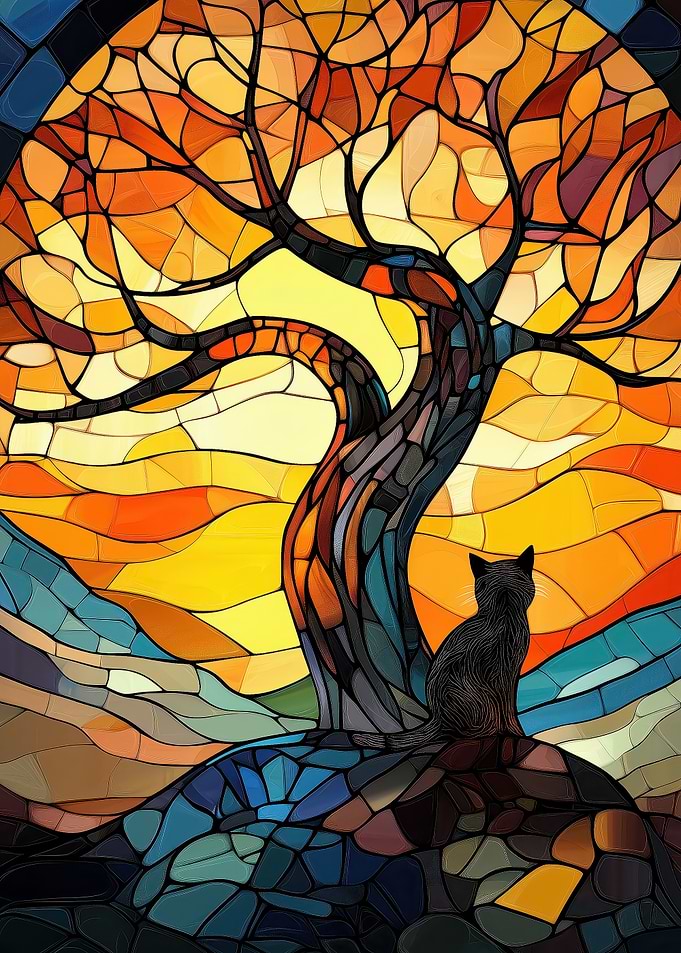 Stained Glass Cat & Tree