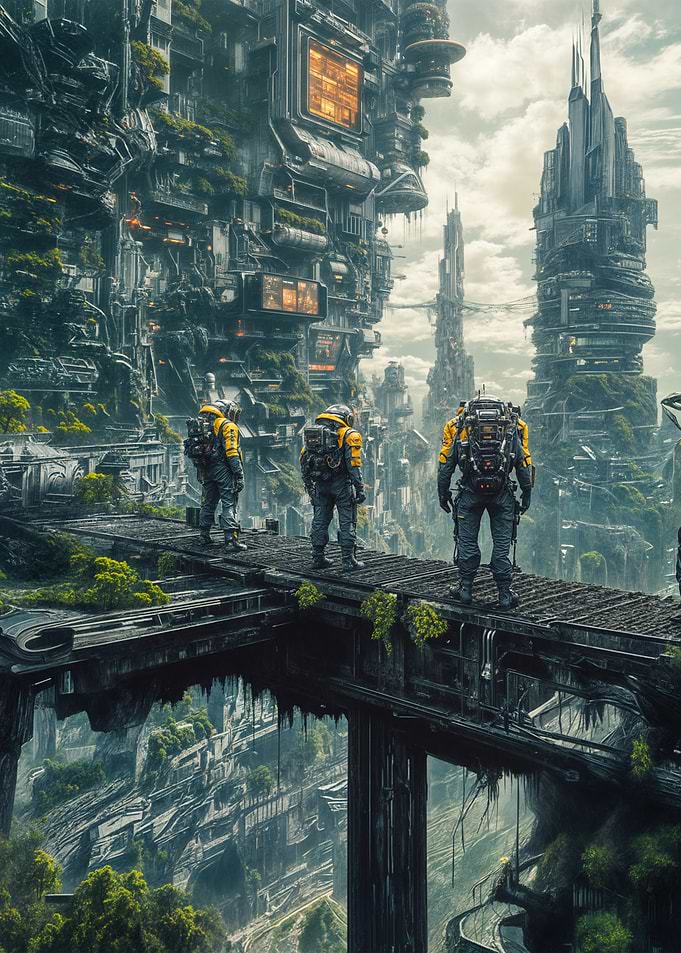 Futuristic Cityscape with Explorers