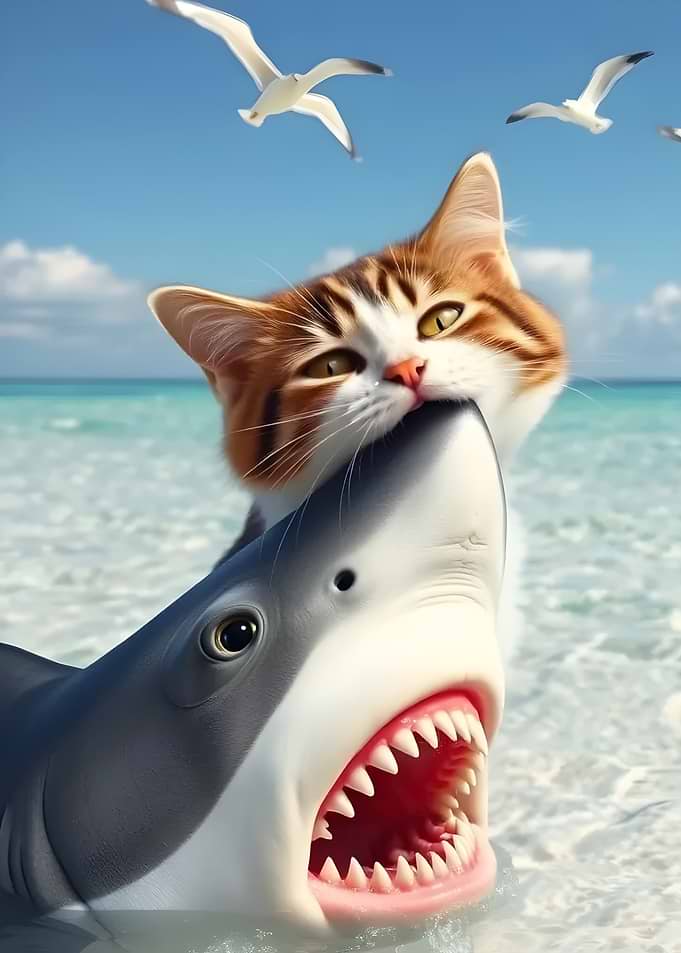 cat biting shark humorous