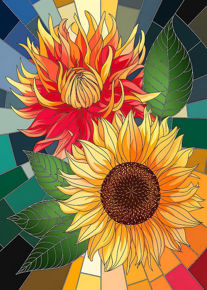 Vibrant Sunflower & Dahlia in Stained Glass