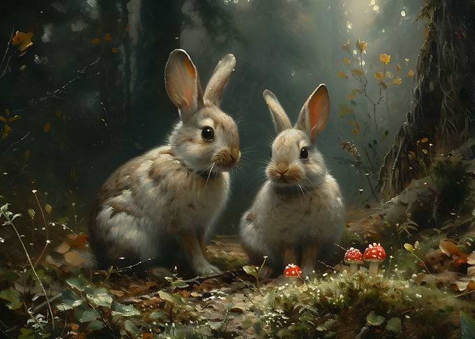 Two Rabbits in the Forest with Mushrooms