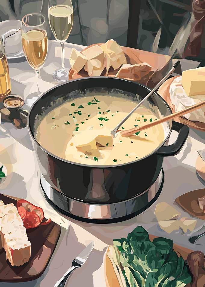 Cheese Fondue with Bread and Wine