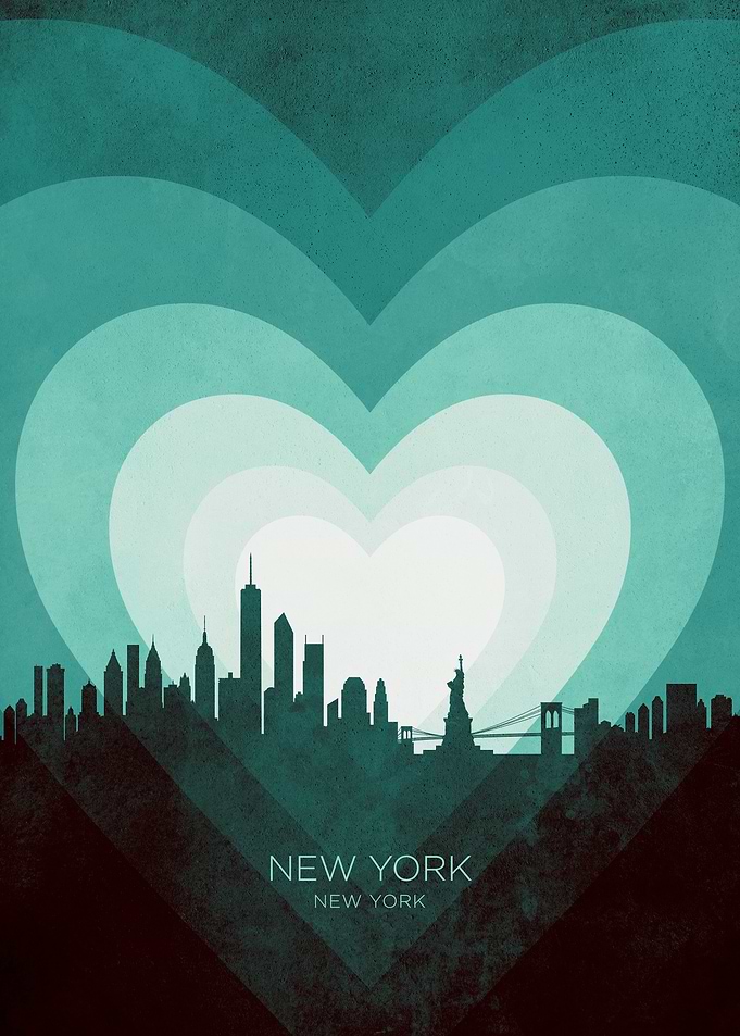 New York Skyline Hearts Teal