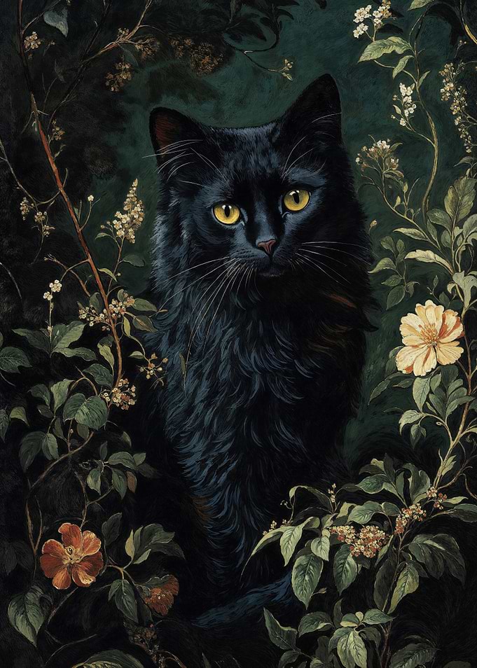 Black Cat in Flowers