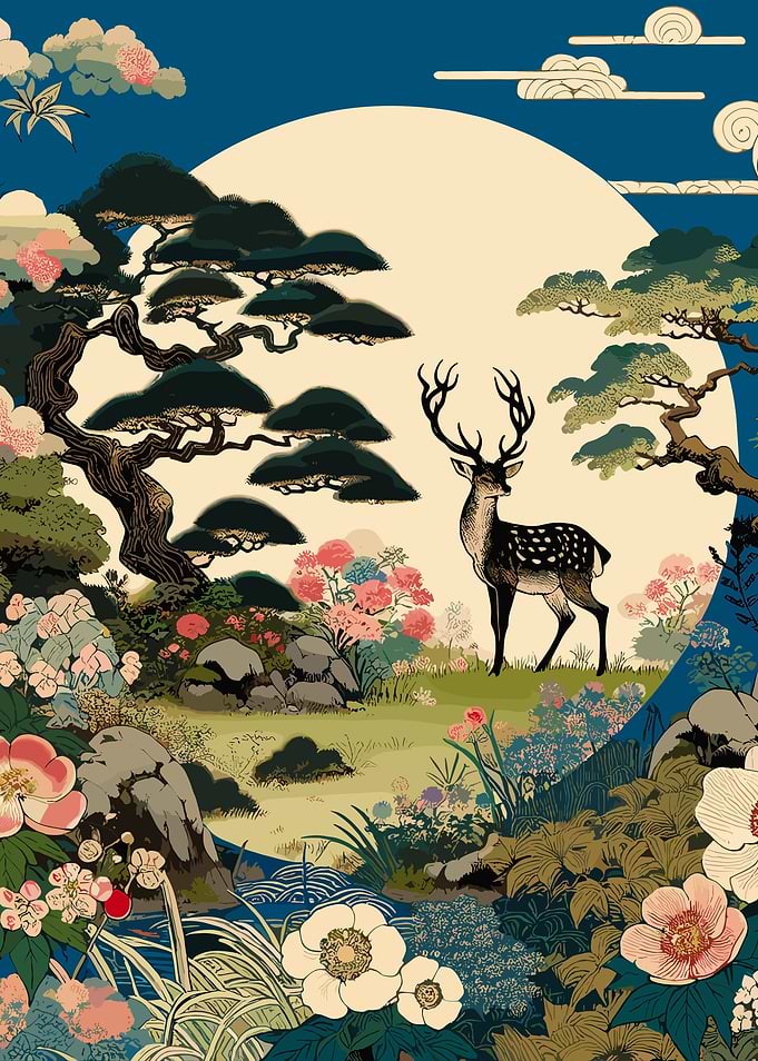 Traditional Asian Floral Deer Artwork