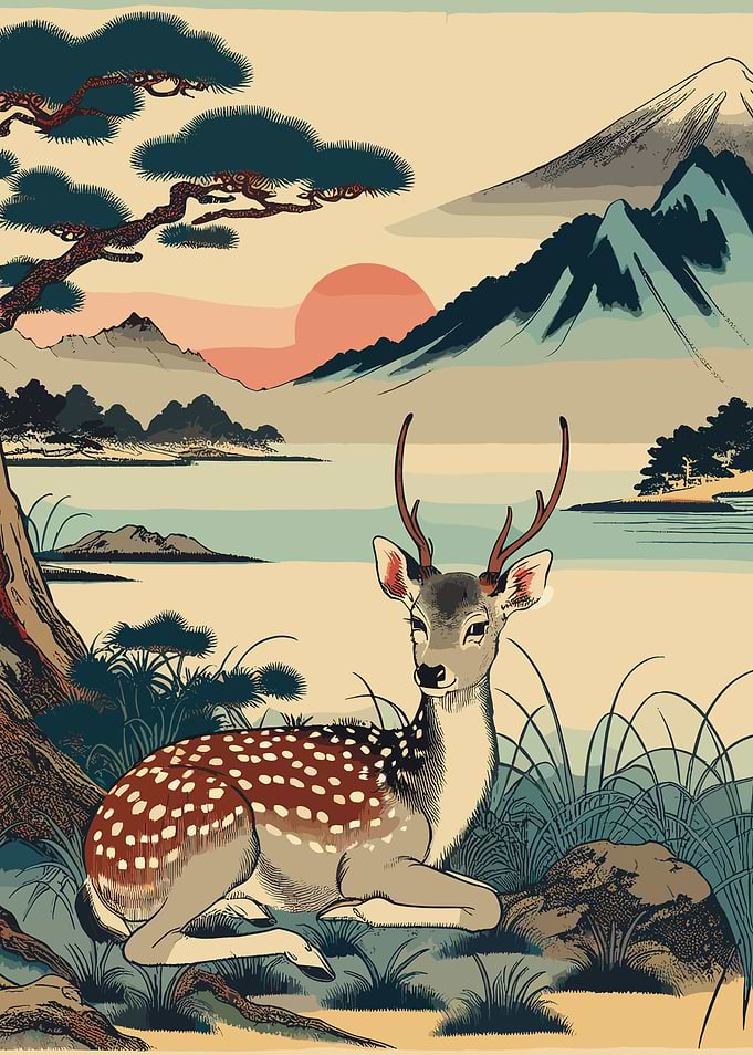 Japanese Deer Ukiyo-E Sunset